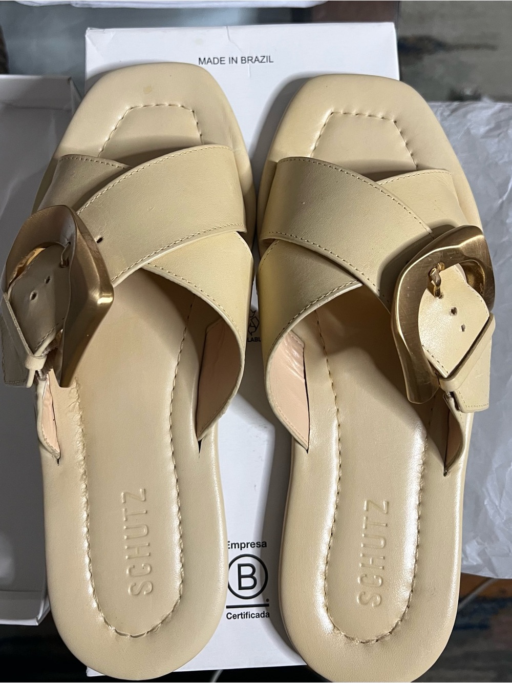 SCHUTZ Cream Crisscross Slide Sandals with Gold Buckle size 8